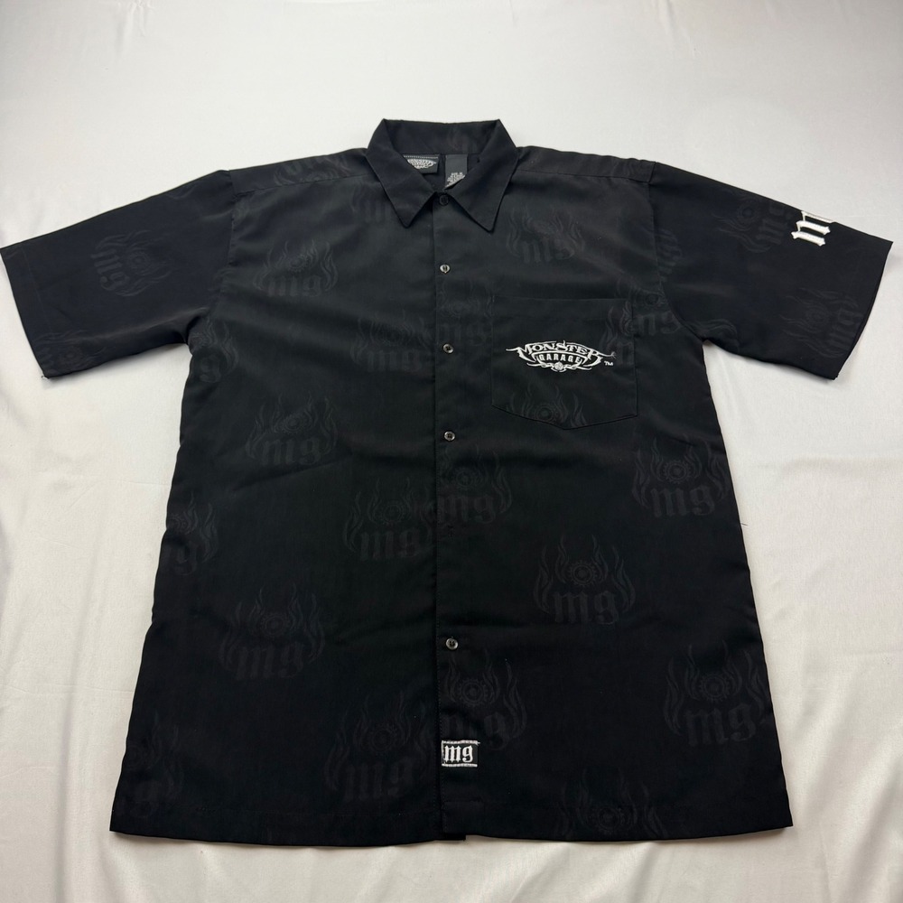 Monster Garage Button Up Shirt Mens Medium Black Skull Wrench Graphic Biker Y2K